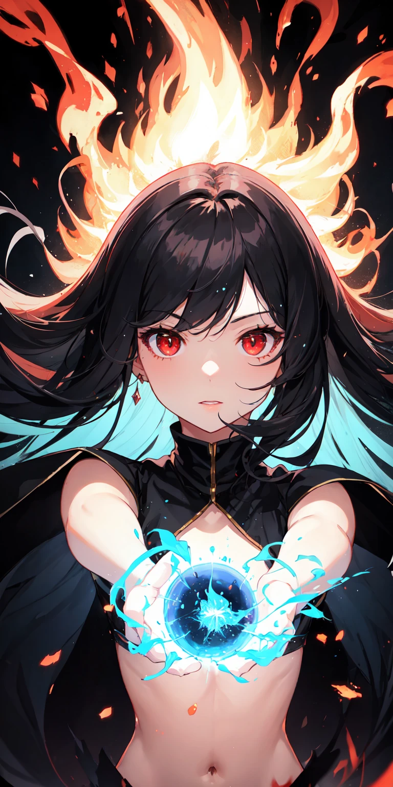 1girl, black hair, red eyes, fire witch, blood, light particles, light rays, wallpaper, high contrast, colorful,