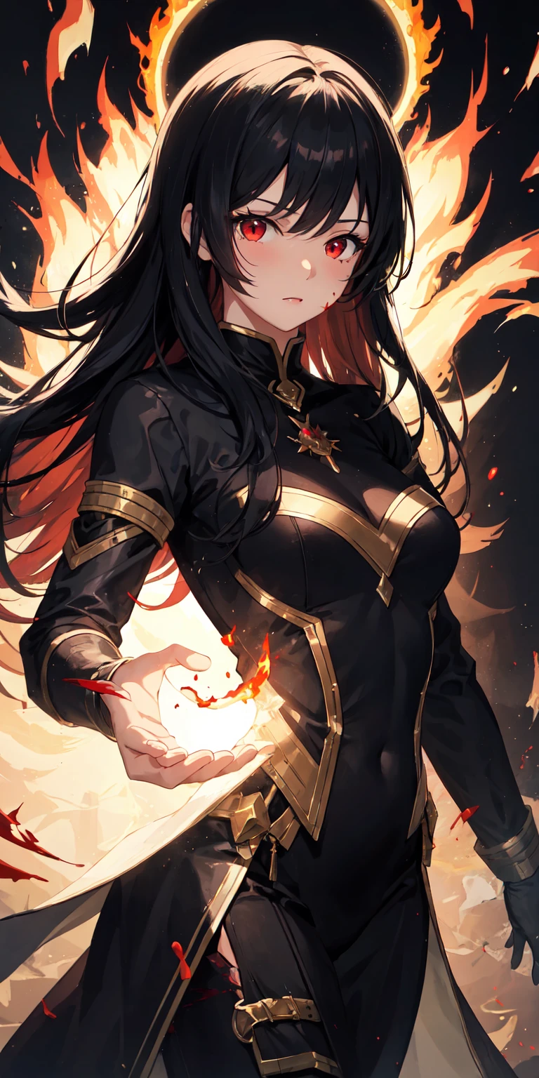 1girl, black hair, red eyes, fire witch, blood, light particles, light rays, wallpaper, high contrast, colorful,