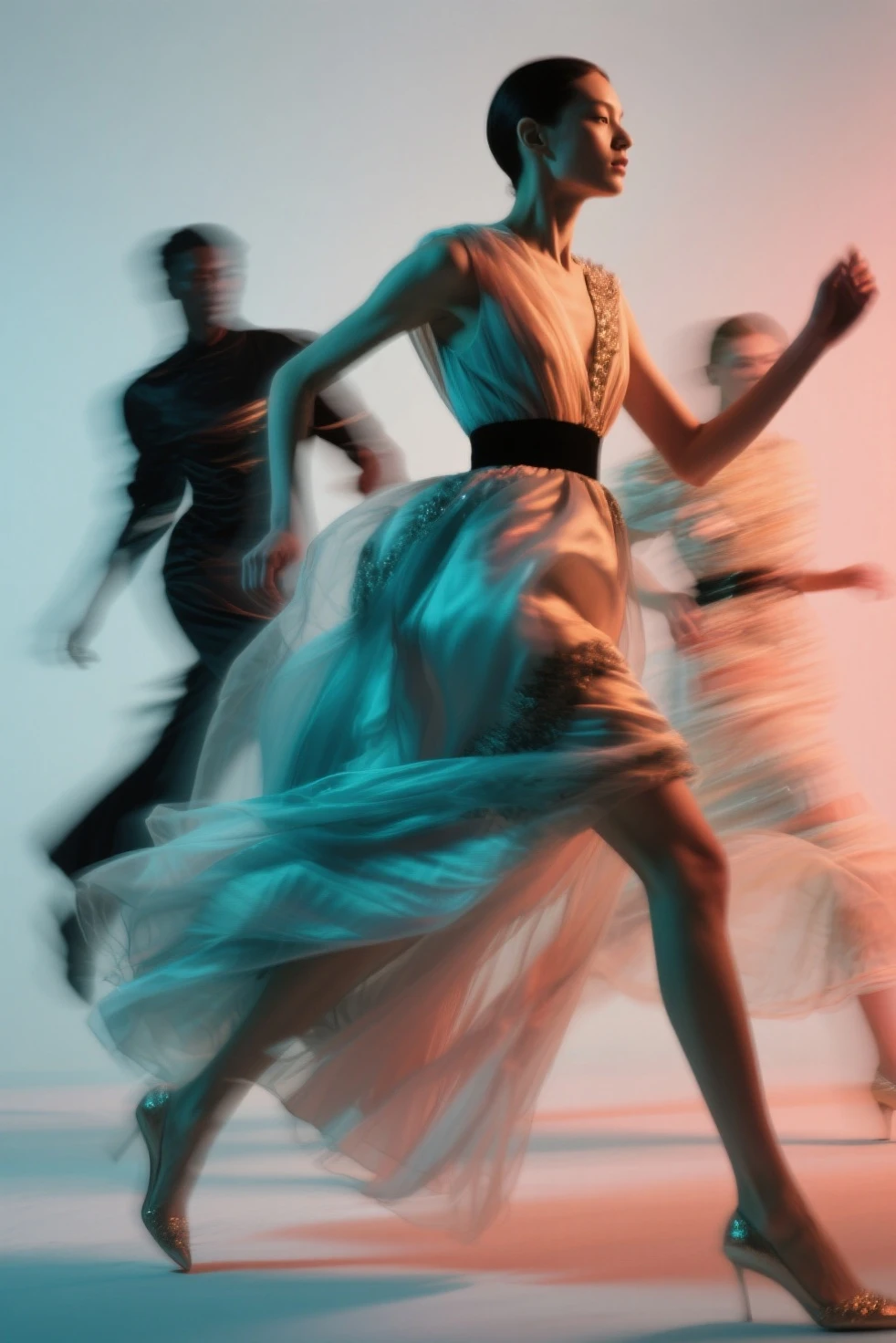 Haute Couture Portraits，People in Motion，Blurred Lines Moving Clothes，Colored Light and Shadow Create Expressive Shadows，Emotional Poetic，Contemporary Photographic Portraits