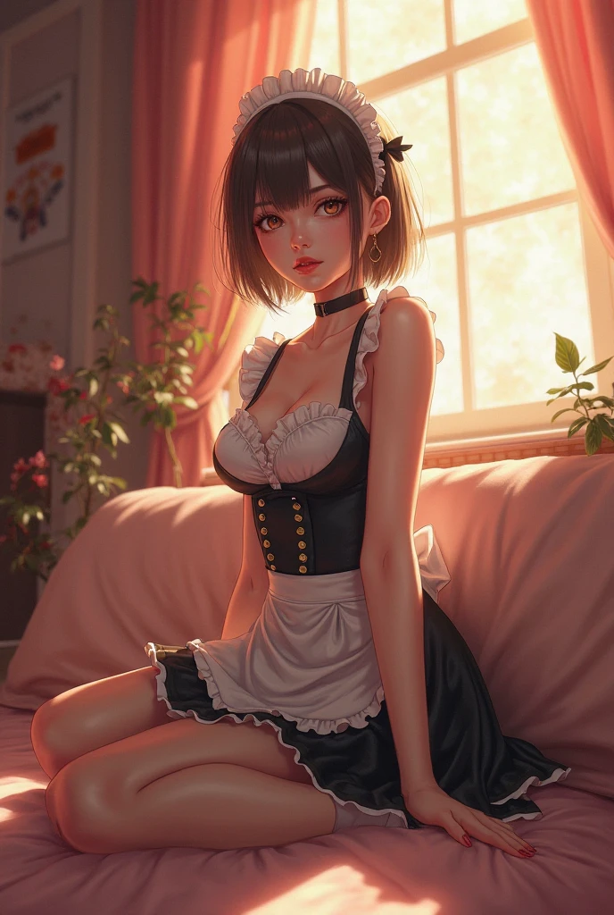 Cute maid outfit,Translucent stockings,Foot details,Low-angle composition,A shy look,Slim fit shorts,Pouting Gesture,Floor-to-ceiling Window Light,Boudoir Set,Cosy atmosphere