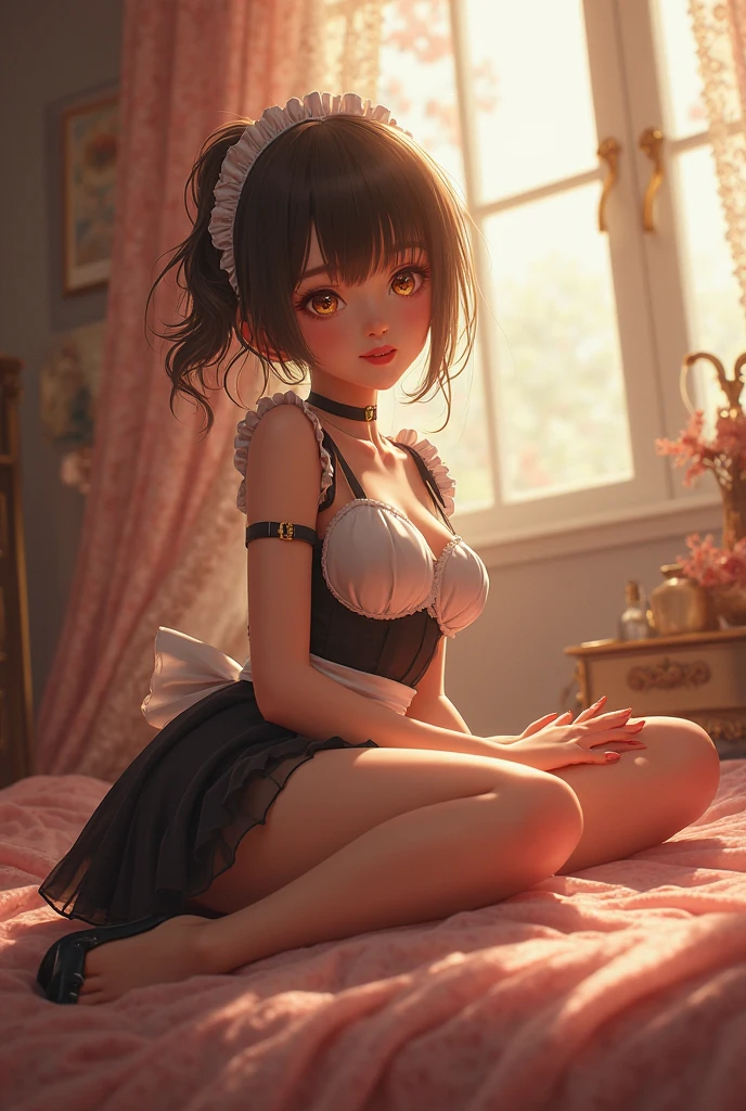 Cute maid outfit,Translucent stockings,Foot details,Low-angle composition,A shy look,Slim fit shorts,Pouting Gesture,Floor-to-ceiling Window Light,Boudoir Set,Cosy atmosphere