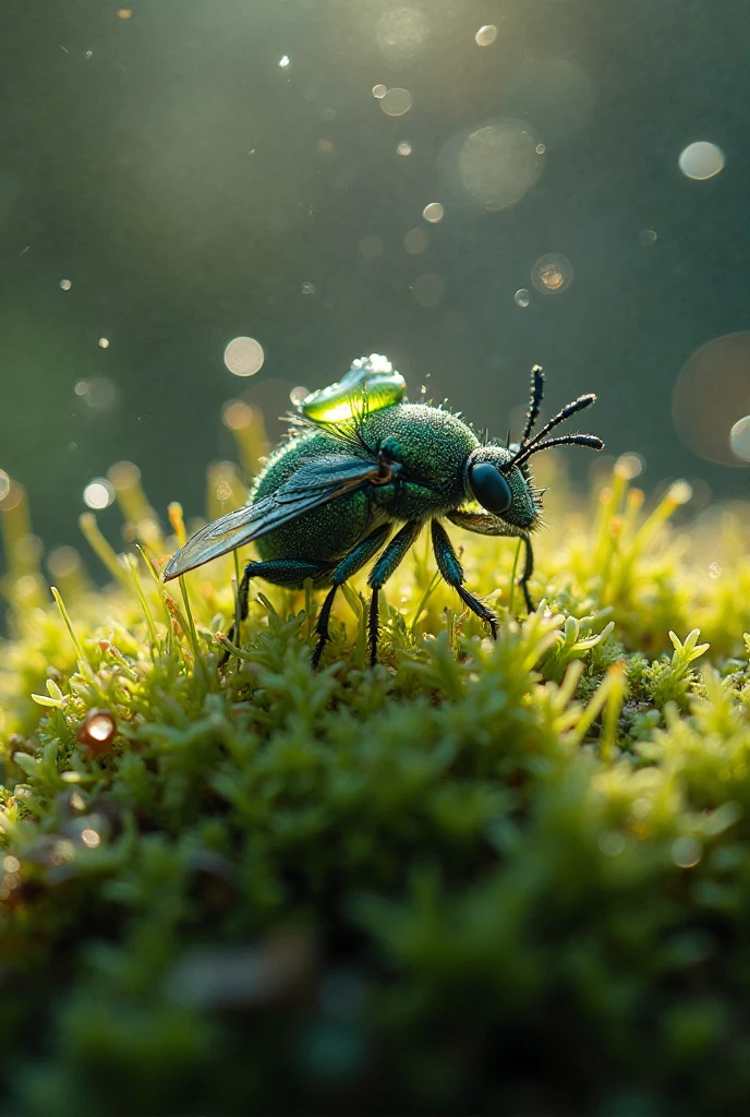 Close up view of damp moss,ball meat pad presses starlight dents,dew refraction miniature concert:cricket player pulls moonlight strings,beetle drummer hits mushroom cymbal,firefly spotlight sweeps through transparent stage。