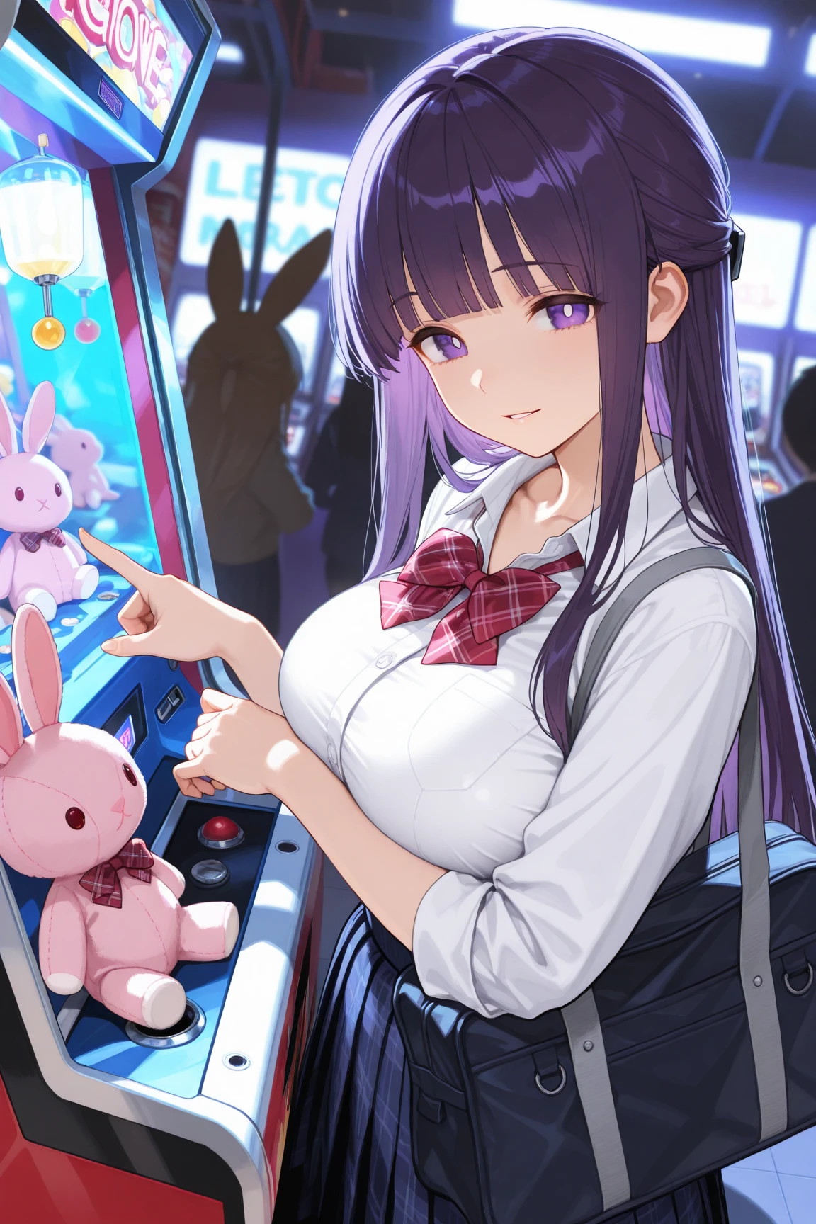 masterpiece,best quality,amazing quality,newest,absurdres,highres, newest, ,side view,from below,dutch angle, 1girl, perfect eyes, detailed eyes, female,,blunt bang,long hair, straight hair, looking at viewer, parted lips, light smile, large breasts, seifuku,unworn red plaid bowtie,blue pleated skirt,collarbone, collared shirt , (hugging pink rabbit plushie),school bag,pointing,trinket, arcade,claw machine, detailed background, volumetric lighting, depth of field, shadow, fern, bangs, purple eyes, purple hair, sidelocks, blunt bangs, bright pupils, half updo,rejoice