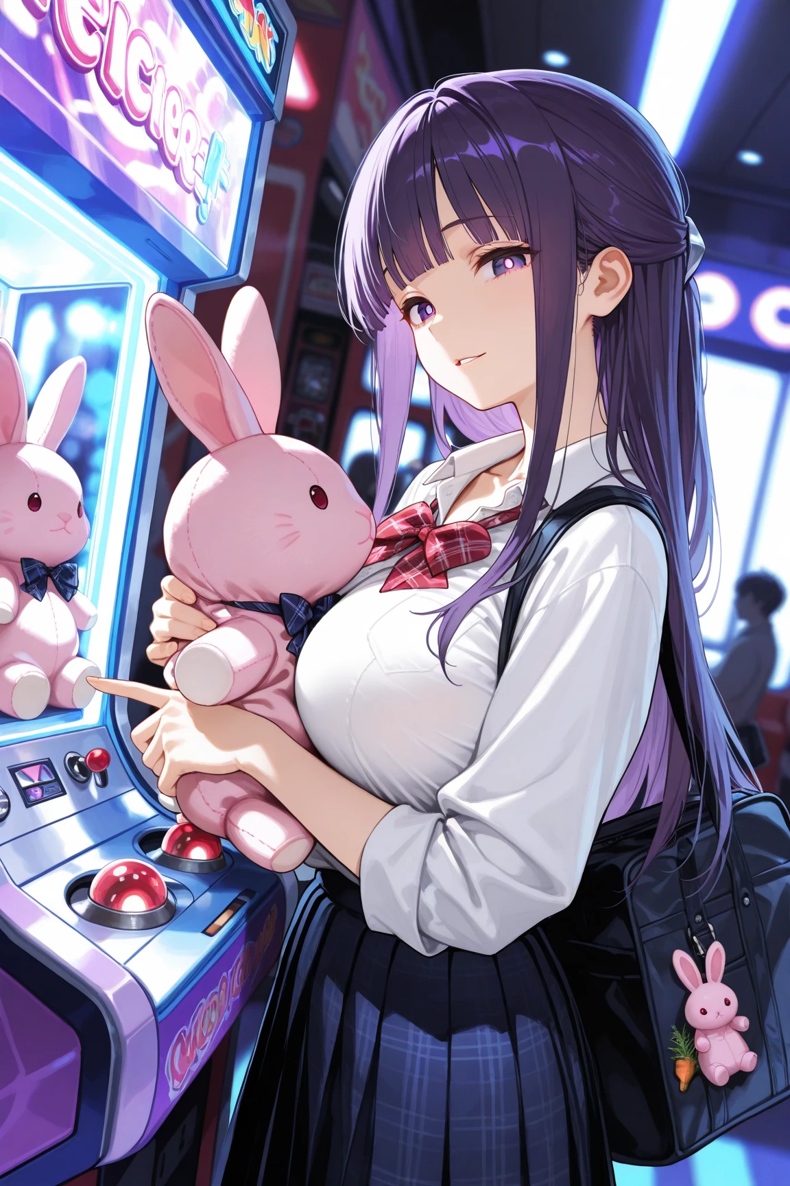 masterpiece,best quality,amazing quality,newest,absurdres,highres, newest, ,side view,from below,dutch angle, 1girl, perfect eyes, detailed eyes, female,,blunt bang,long hair, straight hair, looking at viewer, parted lips, light smile, large breasts, seifuku,unworn red plaid bowtie,blue pleated skirt,collarbone, collared shirt , (hugging pink rabbit plushie),school bag,pointing,trinket, arcade,claw machine, detailed background, volumetric lighting, depth of field, shadow, fern, bangs, purple eyes, purple hair, sidelocks, blunt bangs, bright pupils, half updo,rejoice