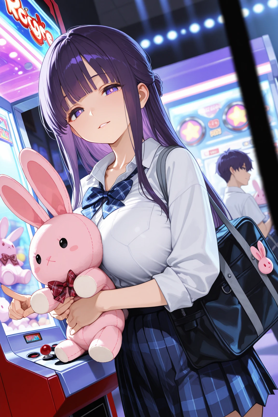 masterpiece,best quality,amazing quality,newest,absurdres,highres, newest, ,side view,from below,dutch angle, 1girl, perfect eyes, detailed eyes, female,,blunt bang,long hair, straight hair, looking at viewer, parted lips, light smile, large breasts, seifuku,unworn red plaid bowtie,blue pleated skirt,collarbone, collared shirt , (hugging pink rabbit plushie),school bag,pointing,trinket, arcade,claw machine, detailed background, volumetric lighting, depth of field, shadow, fern, bangs, purple eyes, purple hair, sidelocks, blunt bangs, bright pupils, half updo,rejoice
