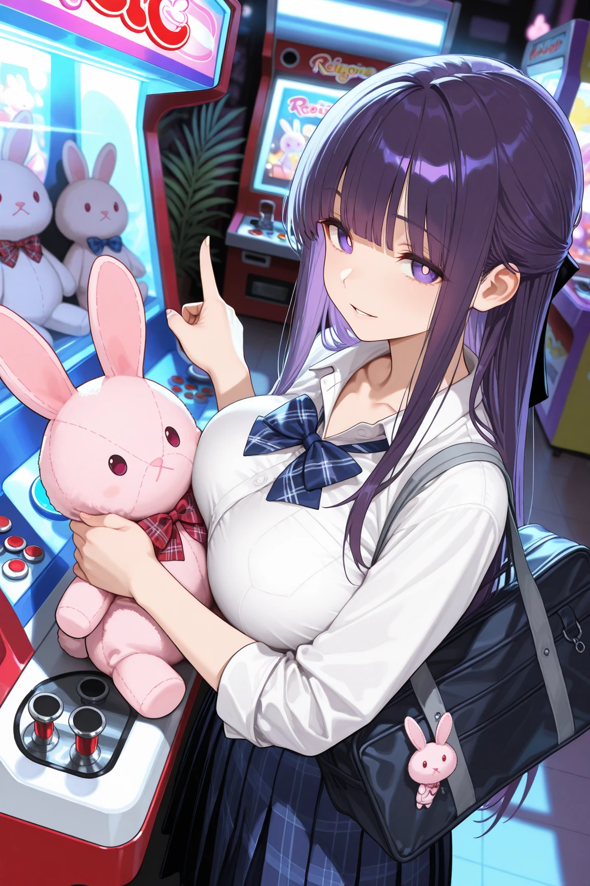 masterpiece,best quality,amazing quality,newest,absurdres,highres, newest, ,side view,from below,dutch angle, 1girl, perfect eyes, detailed eyes, female,,blunt bang,long hair, straight hair, looking at viewer, parted lips, light smile, large breasts, seifuku,unworn red plaid bowtie,blue pleated skirt,collarbone, collared shirt , (hugging pink rabbit plushie),school bag,pointing,trinket, arcade,claw machine, detailed background, volumetric lighting, depth of field, shadow, fern, bangs, purple eyes, purple hair, sidelocks, blunt bangs, bright pupils, half updo,rejoice