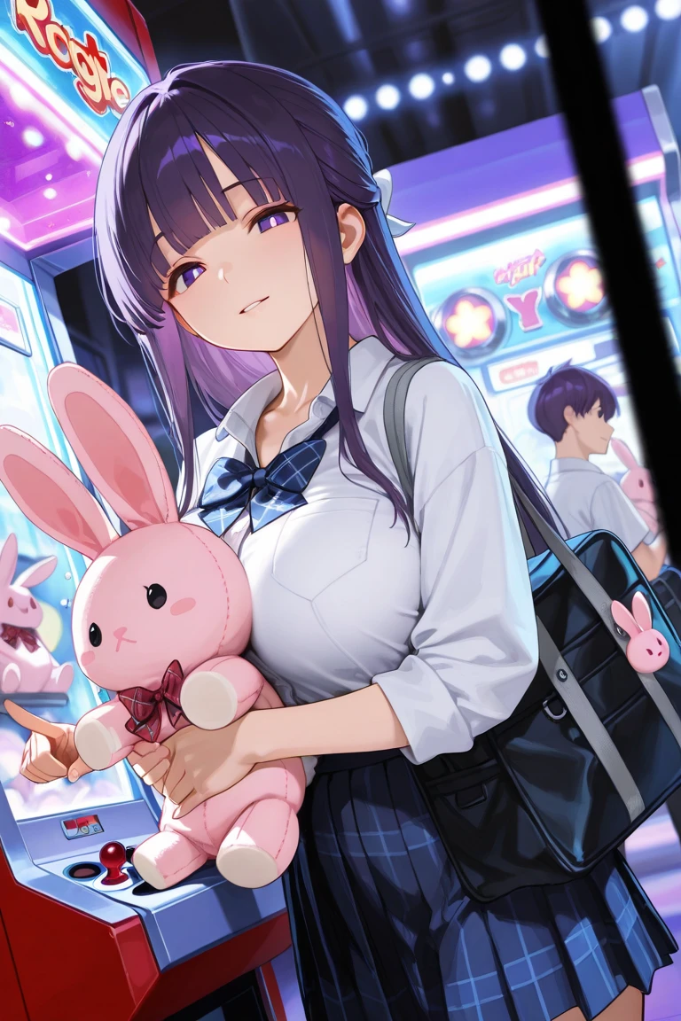 masterpiece,best quality,amazing quality,newest,absurdres,highres, newest, ,side view,from below,dutch angle, 1girl, perfect eyes, detailed eyes, female,,blunt bang,long hair, straight hair, looking at viewer, parted lips, light smile, large breasts, seifuku,unworn red plaid bowtie,blue pleated skirt,collarbone, collared shirt , (hugging pink rabbit plushie),school bag,pointing,trinket, arcade,claw machine, detailed background, volumetric lighting, depth of field, shadow, fern, bangs, purple eyes, purple hair, sidelocks, blunt bangs, bright pupils, half updo,rejoice