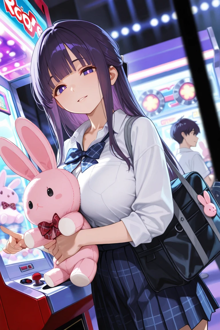 masterpiece,best quality,amazing quality,newest,absurdres,highres, newest, ,side view,from below,dutch angle, 1girl, perfect eyes, detailed eyes, female,,blunt bang,long hair, straight hair, looking at viewer, parted lips, light smile, large breasts, seifuku,unworn red plaid bowtie,blue pleated skirt,collarbone, collared shirt , (hugging pink rabbit plushie),school bag,pointing,trinket, arcade,claw machine, detailed background, volumetric lighting, depth of field, shadow, fern, bangs, purple eyes, purple hair, sidelocks, blunt bangs, bright pupils, half updo,rejoice