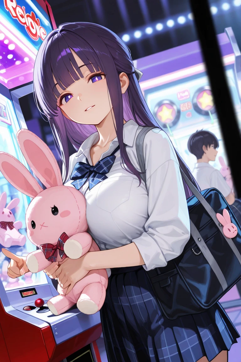 masterpiece,best quality,amazing quality,newest,absurdres,highres, newest, ,side view,from below,dutch angle, 1girl, perfect eyes, detailed eyes, female,,blunt bang,long hair, straight hair, looking at viewer, parted lips, light smile, large breasts, seifuku,unworn red plaid bowtie,blue pleated skirt,collarbone, collared shirt , (hugging pink rabbit plushie),school bag,pointing,trinket, arcade,claw machine, detailed background, volumetric lighting, depth of field, shadow, fern, bangs, purple eyes, purple hair, sidelocks, blunt bangs, bright pupils, half updo,rejoice