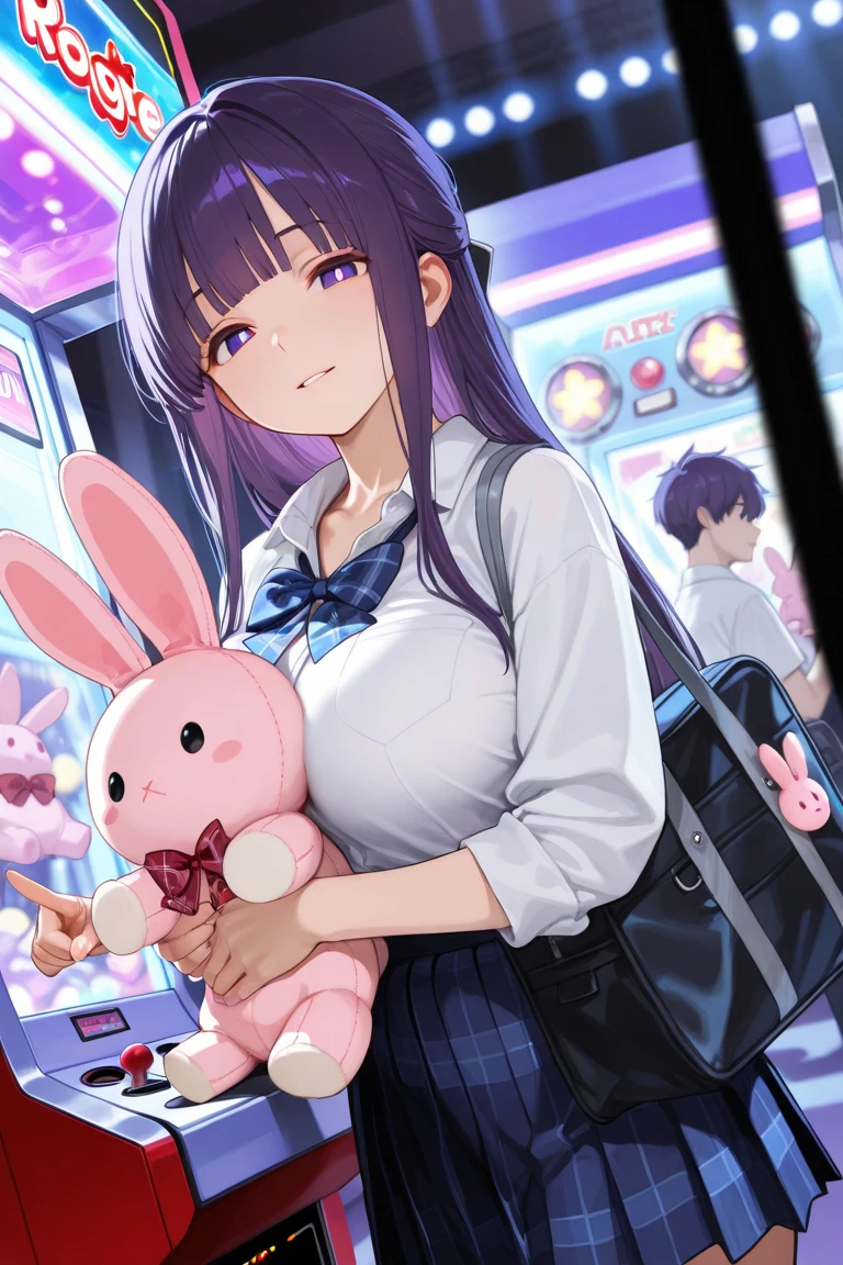 masterpiece,best quality,amazing quality,newest,absurdres,highres, newest, ,side view,from below,dutch angle, 1girl, perfect eyes, detailed eyes, female,,blunt bang,long hair, straight hair, looking at viewer, parted lips, light smile, large breasts, seifuku,unworn red plaid bowtie,blue pleated skirt,collarbone, collared shirt , (hugging pink rabbit plushie),school bag,pointing,trinket, arcade,claw machine, detailed background, volumetric lighting, depth of field, shadow, fern, bangs, purple eyes, purple hair, sidelocks, blunt bangs, bright pupils, half updo,rejoice