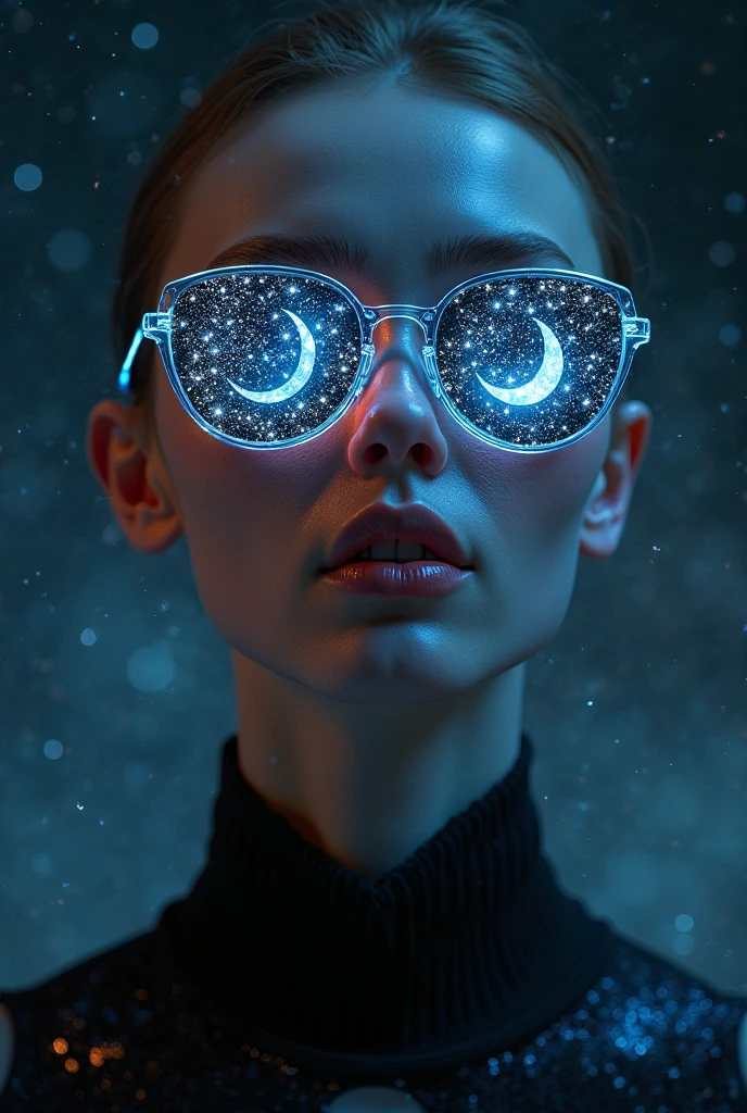 The model is wearing glass sunglasses,with stars and moon on the lenses