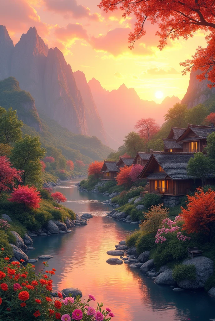 A small village by the river,Background is mountains,Flowers bloom,Brightly colored,Detailed scenery,Beautiful natural landscape,Ambiance Lighting,Scorching sunset,a warm color palette,utility,utility摄影,Delicate leaves,Intricate architecture,cobblestone streets,charming country house, swirling bright colors,dense vegetation,Intricate architecture,picturesque,Leisure and tranquility,artwork of a,Best quality,8k,Extremely detailed,Anime style