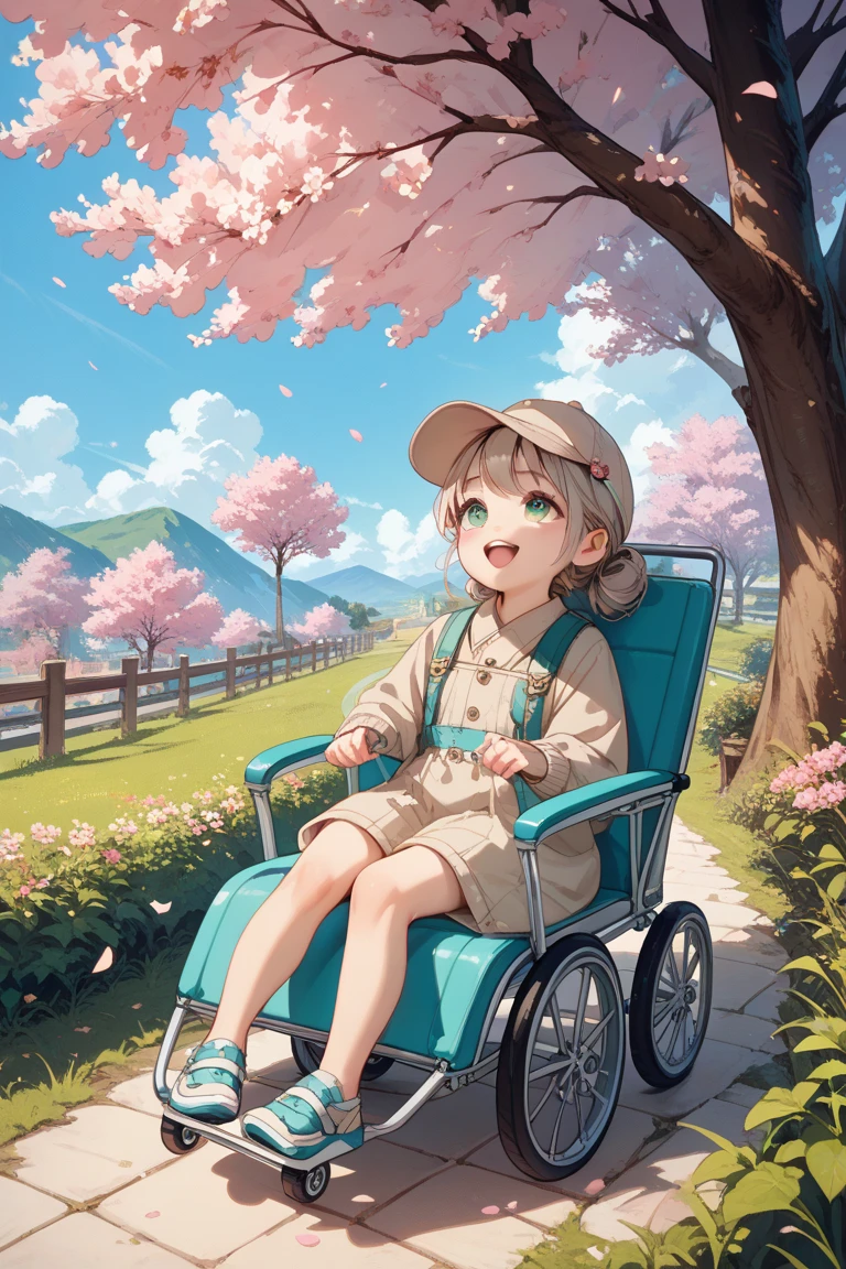 looking up,round and cute face,Beige cap,Green short-sleeved top,sitting in a silver stroller,laughing heartily,Surrounded by cherry blossom trees,Beautiful spring light,Childlike scenes