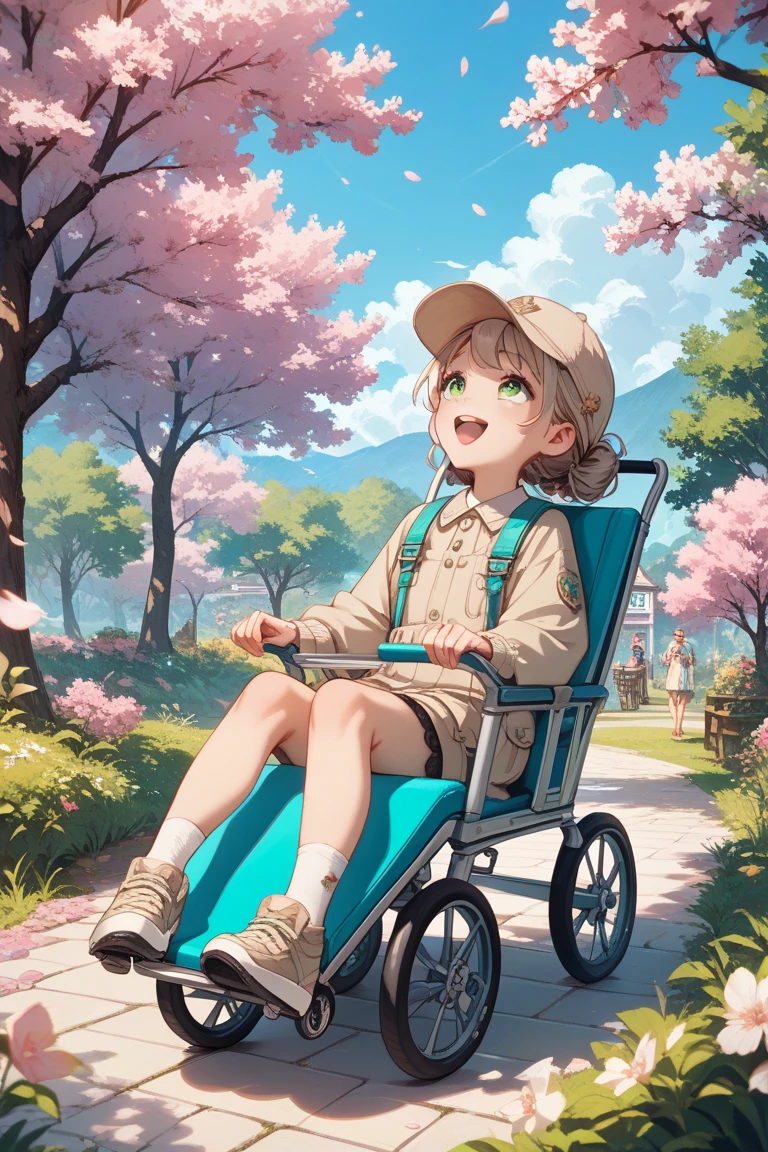 looking up,round and cute face,Beige cap,Green short-sleeved top,sitting in a silver stroller,laughing heartily,Surrounded by cherry blossom trees,Beautiful spring light,Childlike scenes