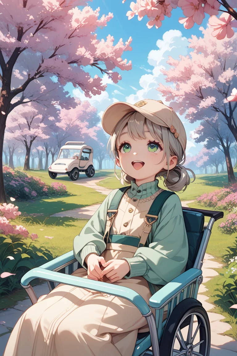 looking up,round and cute face,Beige cap,Green short-sleeved top,sitting in a silver stroller,laughing heartily,Surrounded by cherry blossom trees,Beautiful spring light,Childlike scenes