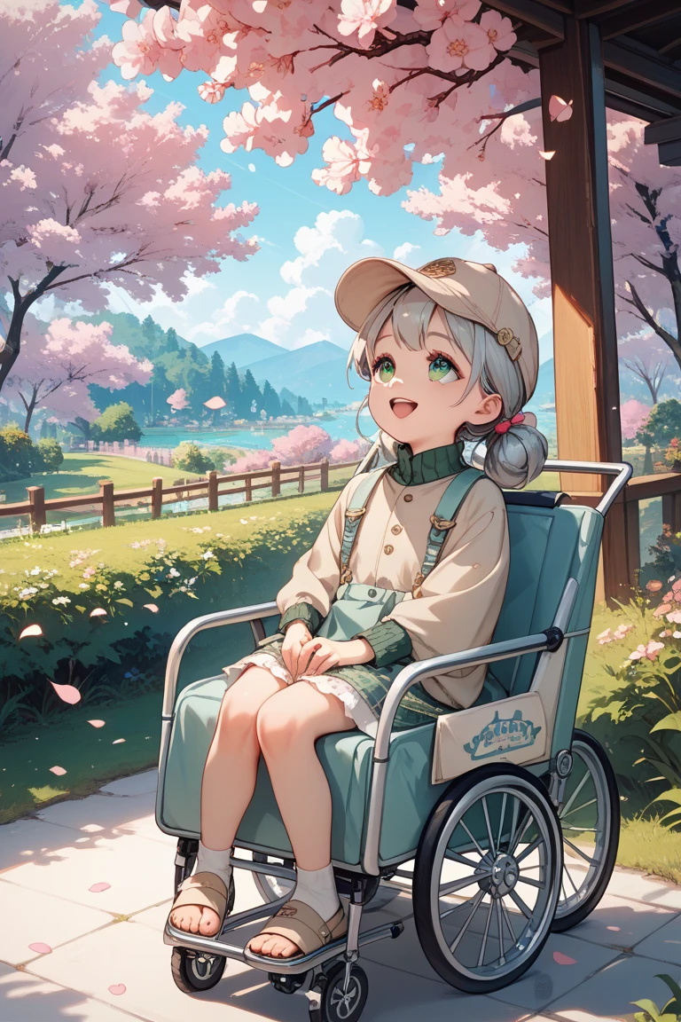 looking up,round and cute face,Beige cap,Green short-sleeved top,sitting in a silver stroller,laughing heartily,Surrounded by cherry blossom trees,Beautiful spring light,Childlike scenes