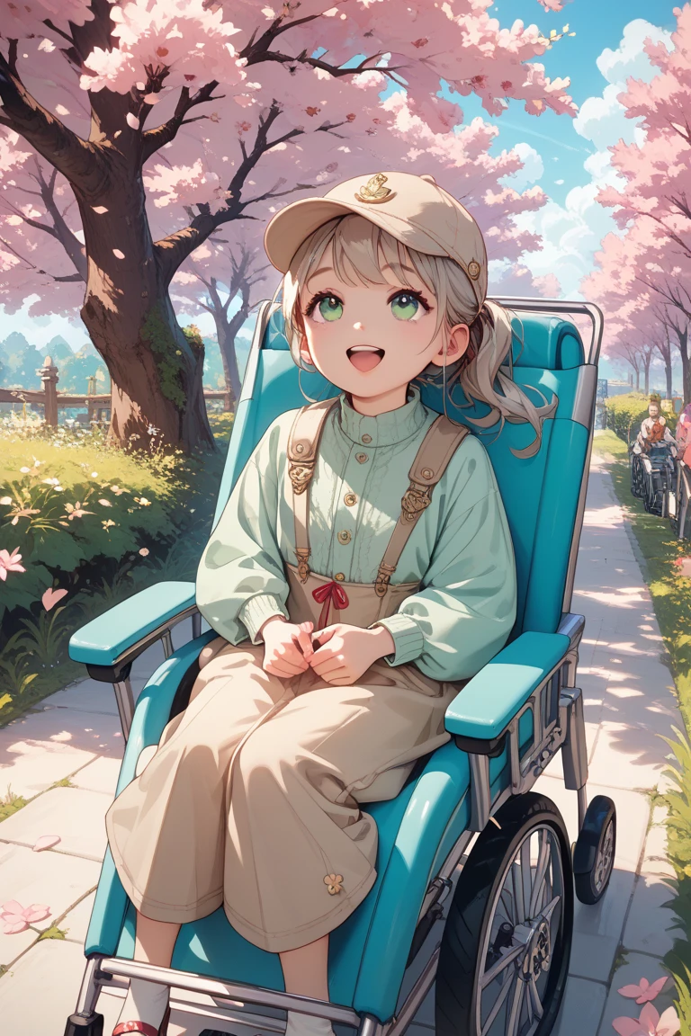 looking up,round and cute face,Beige cap,Green short-sleeved top,sitting in a silver stroller,laughing heartily,Surrounded by cherry blossom trees,Beautiful spring light,Childlike scenes