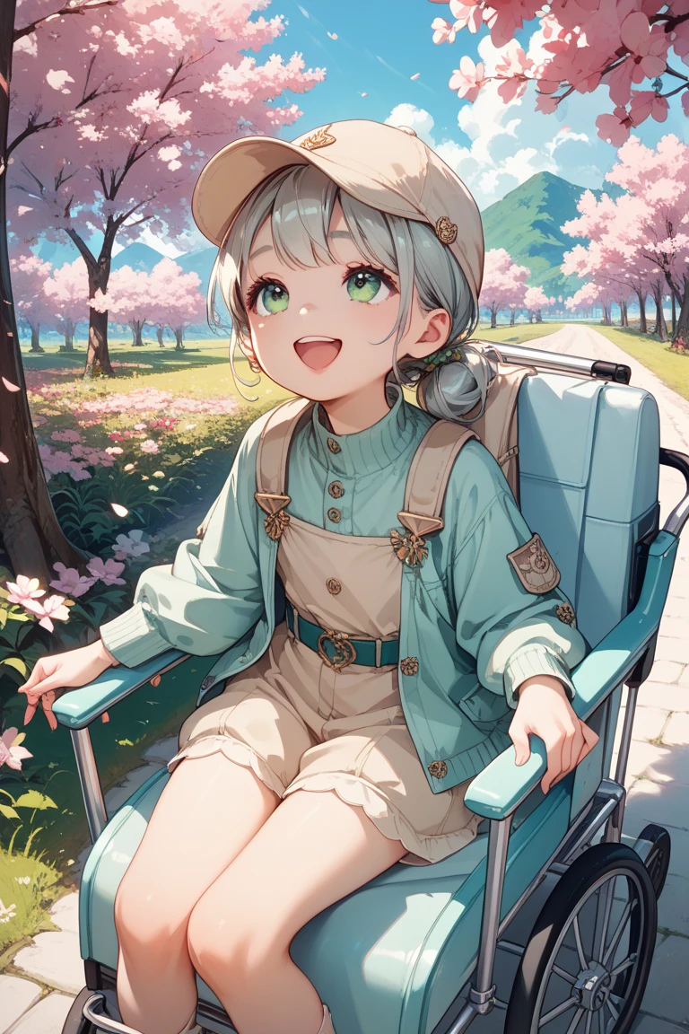 looking up,round and cute face,Beige cap,Green short-sleeved top,sitting in a silver stroller,laughing heartily,Surrounded by cherry blossom trees,Beautiful spring light,Childlike scenes