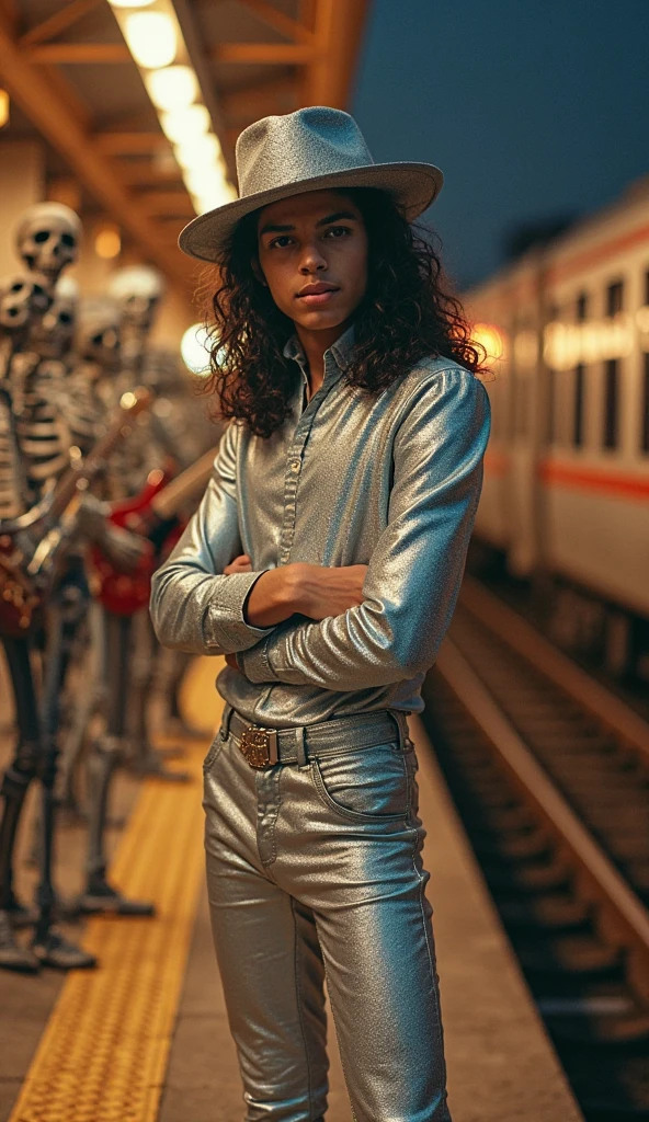 A captivating cinematic photograph of a 1970s glam rocker, exuding confidence and charisma. He sports shaggy hair, purple platform boots adorned with lightning bolts, a tight golden speedo, and a light blue t-shirt. Standing proudly on the hood of a muscle car, he is surrounded by lush, green grass and colorful glitter, evoking a sense of nostalgia and fun. The atmosphere is vibrant and cheerful, transporting viewers to the disco era with its energetic vibe.