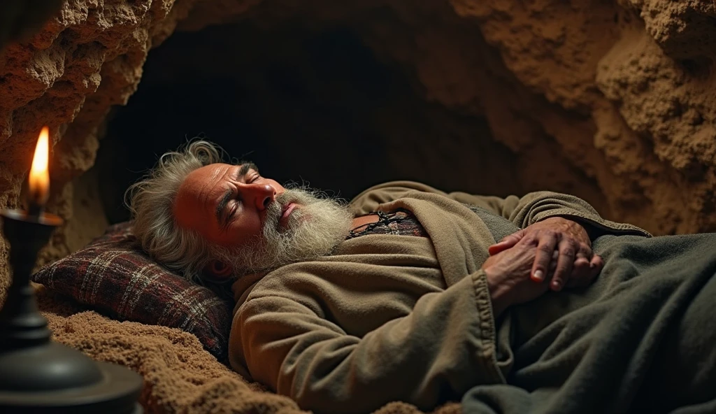 Make a man with long white hair and beard lying on a bed with his eyes closed, in a cave, but only showing his face, leave the quality in the style of a 70's fantasy book cover