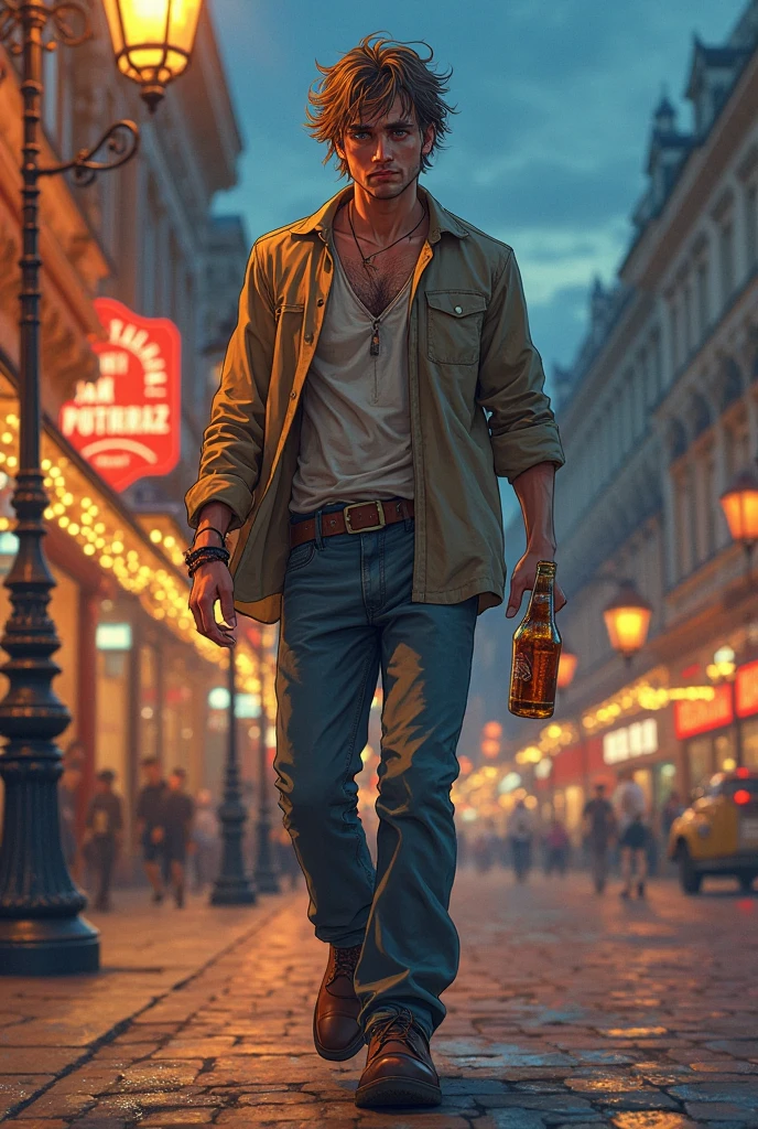 Draw a muscular man, bare-chested and defined, standing perplexed on the street holding a beer bottle in his hand. Best quality: 1.2, 4k, 8k, high resolution, masterpiece.

A shirtless, powerful man with bulging muscles and toned abs, standing on a bustling city street. He looks puzzled, scratching his head, and clutches a beer bottle in one hand, taking a long, contemplative sip from it. The sun sets behind him, casting a warm, golden light on his sweat-glistened skin. The crowd around him moves in a blur as he stands there, lost in thought.