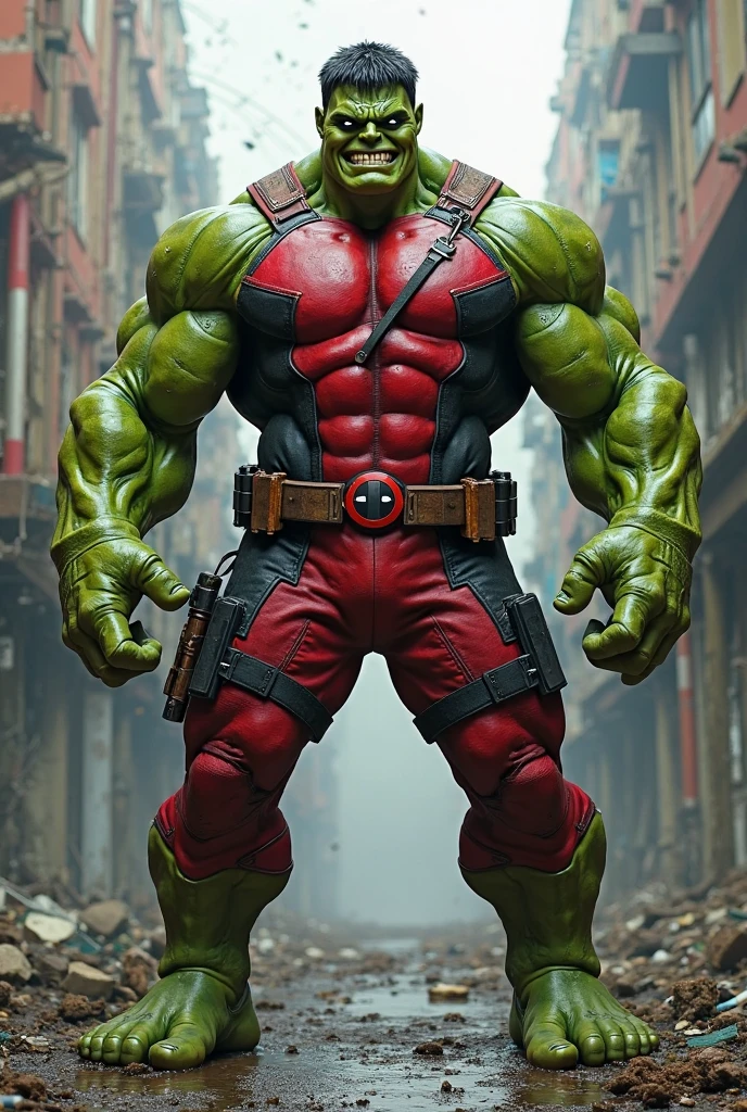 Imagine Hulk wear Deadpool Costume in Side Hospital, Wide Angle View, full shirt doctor clothes