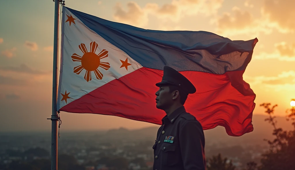 man holding the Philippine flag and a torch