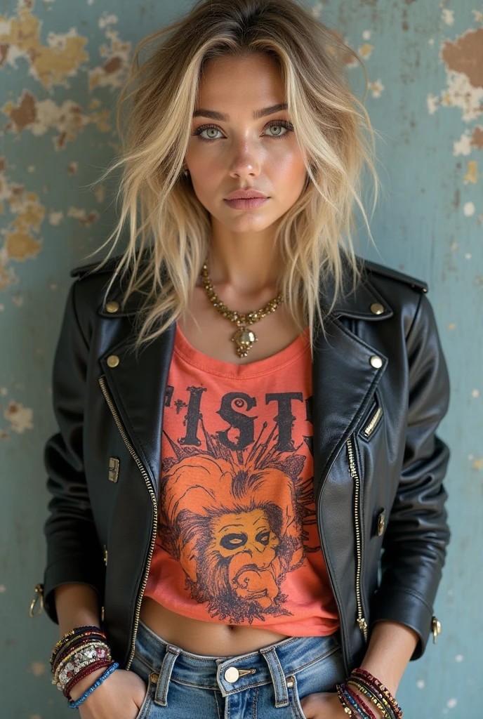 A photo portrait of a beautiful girl with dirty blonde curls, focusing on a face portrait with a 1.5x zoom. She has detailed normal eyes and hyperrealistic features. The background is now a vibrant urban setting, with colorful street art on the walls, giving a lively and modern vibe. She is dressed in a trendy outfit: a fashionable leather jacket over a graphic tee, paired with stylish ripped jeans. The lighting remains dramatic with a Rembrandt lighting scheme, emphasizing the contours of her face and the detailed textures of her outfit and surroundings. The image is shot in 8K UHD quality with a photorealistic approach, captured by a Canon EOS 5D Mark IV.