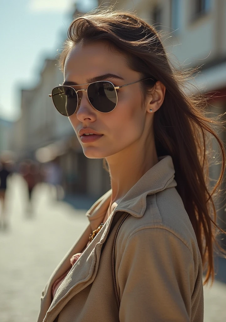 The image features a close-up from high angle above of a woman wearing sunglasses and a leather jacket. The woman is looking down at something. The sunglasses are dark and the woman's face is partially obscured by them. The background of the image is dark and smoky, which adds to the overall mood of the scene. The woman's attire, including the leather jacket, suggests that he might be in a professional or high-stakes environment. 1girl, female focus, solo, sunglasses, jacket, leather jacket