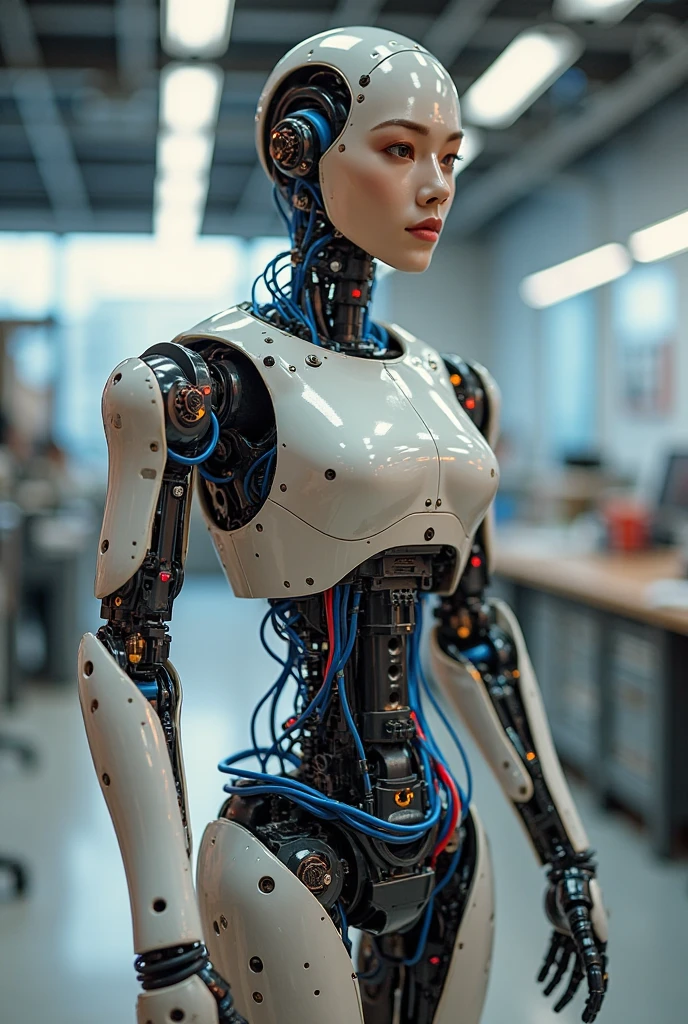 under sunlit, weak lights and shadows, tree canopy, ((1 mechanical girl )), solo, whole body, (hard-surface titanium mechanical joints: 1.2), ((mechanical limblood blue blood vessels connected to fusion tube tubeechanical vertebra attached to the back), ((unstable mechanical cervical region attached to the black holed neck) ),( camera close),no expression,(wires and cables attached to the neck:1.2),(wires and cables on the infinite head:1.2)(character focus),((sci-fi)),extremely detailed, as detailed as possible, 1girl, (red short hair, no bangrown eyes, (((white lighting))), (white cables: 1.4), (((future))), ((cyborg)), futurism, (under sunlit, weak lights and shadows, tree canopy)