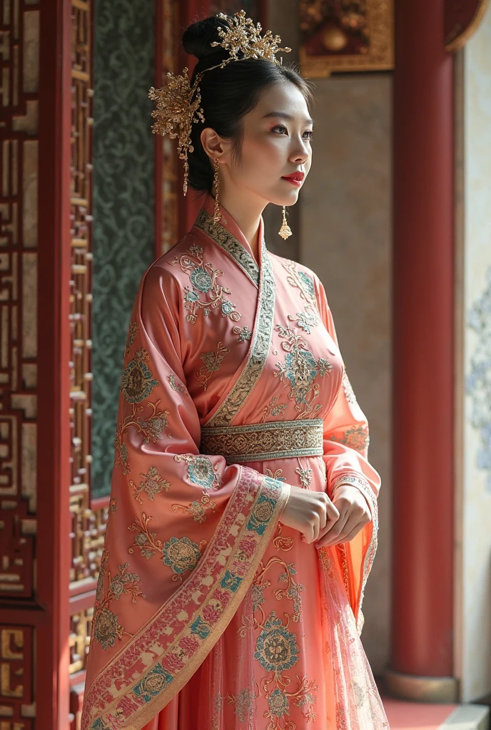 China, 1491. A young ((Zhang Empress)), elegant, majestic, in a bright and clear luxurious palace, ((((chinese royal clothings from the 1490s)))), ((hairstyle of the 1490s)), ((colorful, luminous))