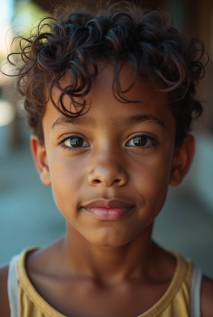 (masterpiece, realistic photo, raw,:1.4), (extremely complex:1.2), close-up, cinematic light, side lighting, ultra high resolution, best shadow, RAW, upper body, sitting, black child, 7 to 10 years old, male, curly hair, image background a Brazilian favela, wearing simple clothes, looking at the horizon --auto
