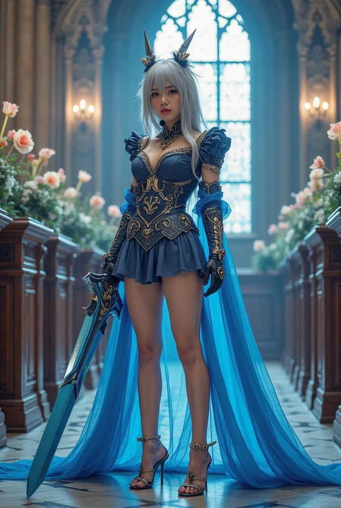 cinderella night、full body Esbian、、armor mini dress fluorescent blue)、、、、Light blonde hair、Glass Sword、glass boots