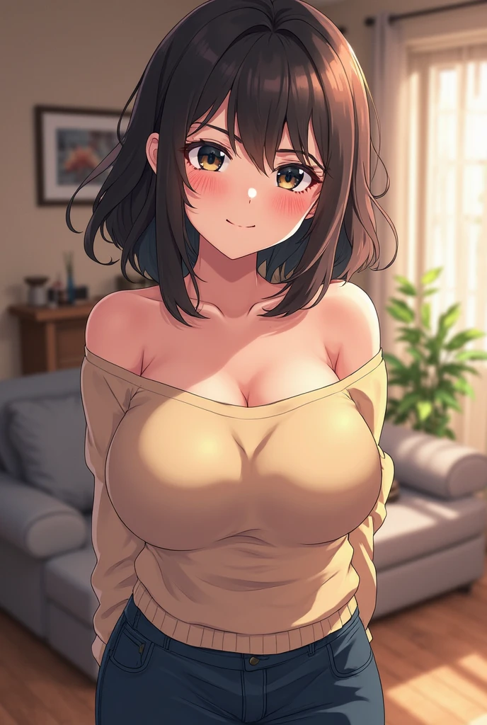 (Tabletop, highest quality, High resolution, , Pixel perfect, 4K,), 1 girl, single, alone, Beautiful woman、I could see the whole body、 ((Wavy mid-hair, bangs, Brown Hair)), ((Brown eyes, Beautiful eyelashes, Realistic eyes)), ((Detailed face, blush:1.2)), ((Smooth texture:0.75, Realistic texture:0.65, Realistic:1.1, Anime CG Style)), Medium chest, Dynamic Angle, Perfect body, ((, Beige off-the-shoulder sweater、No bra、I can see her 、Nipples are visible、Tight denim skirt、Black Stockings、Cute Necklace、Earrings、)), Superior、A shy smile、University Campus、Sit on a bench、Spread your legs、Angle from below、Cross your arms to highlight your cleavage、、((Pink lace panties are visible))、