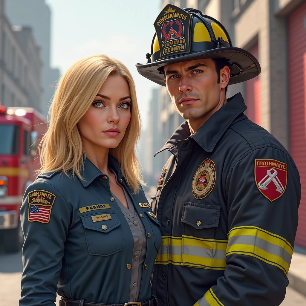 Fireman and firewoman wearing fire jacket and fire hat, black bra, big breast, and cleavage in front of a fire truck