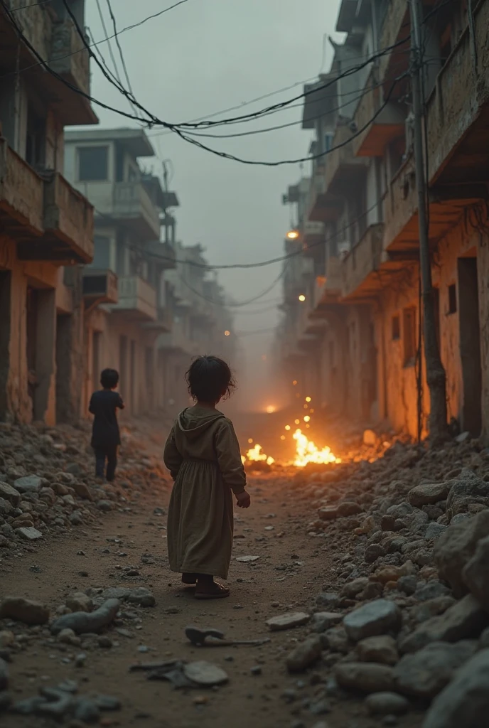 A surreal depiction of a little girl, Sit sadly, con dolor, Hay un tanque de acero con el logotipo de Israel, (Eyes shedding tears, The face is focused on the camera), A sense of clutter, un palestino, cabello rizado, Cara y tela polvorientas, (Una ciudad en el fondo es destruida por el fuego, Cuerpo humano en el suelo, Some people are crying, Edificios demolidos), Ultra detallado, colores vibrantes, Tonos negros y grises, Highly Emotional Imagery, Surrounded by swirling red smoke against a dark and eerie backdrop. (sosteniendo la bandera de Palestina, Bandera de Palestina)