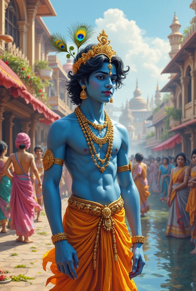 Imagine Lord Krishna, an adult with a dark, radiant complexion that seems to absorb and reflect the essence of the night sky. His serene and charming smile is ever-present, reflecting an inner joy and tranquility. He is adorned with a vibrant flower garland that drapes gracefully around his neck, the colors contrasting beautifully against his skin. On his head, a single, magnificent peacock feather stands tall, its iridescent hues shimmering in the light.
The scene around him is a lively celebration of Holi, with Gopis—the devoted female companions—engaged in playful revelry. They are covered in a riot of colors, their laughter and joyous shouts filling the air. The Gopis, dressed in colorful traditional attire, dance and playfully toss colored powders, their movements graceful and animated. Krishna stands at the center, a calm and delightful presence amidst the chaos, his smile radiating warmth and divine charm as he revels in the exuberance of the festival.