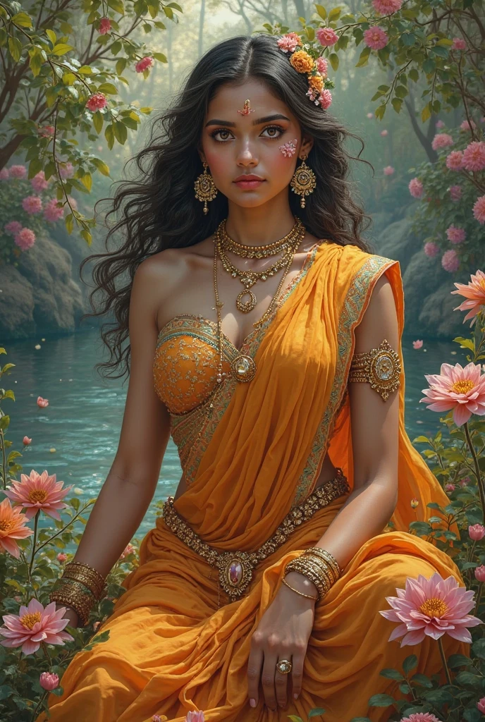 Radha Rani, who is sitting in the garden, has long, flowing hair. Radha Rani, the beloved consort of Lord Krishna, is often depicted as a beautiful and enchanting maiden with a captivating appearance. Here's a description of her beauty and dressing sense:
*Physical Appearance:*
Radha Rani is typically depicted as a youthful and radiant maiden with a slender yet curvaceous figure. Her skin is often shown as a soft, golden complexion, symbolizing her divine nature. Her eyes are large and expressive, with a deep, loving gaze that conveys her devotion to Krishna. Her hair is long, dark, and luscious, often adorned with flowers and ornaments.
*Dressing Sense:*
Radha Rani's dressing sense is a perfect blend of elegance, simplicity, and charm. She is often depicted wearing a traditional Indian attire, consisting of:
- A flowing, crimson-red or green saree (ghagra) with intricate embroidery and patterns, symbolizing her love and devotion to Krishna.
- A matching blouse (choli) with short sleeves, adorned with precious stones and pearls.
- A delicate, beaded necklace (mala) with a small, golden pendant, often featuring a picture of Krishna.
- Armlets (bajuband) and anklets (payal) made of gold and precious stones, adding to her elegance.
- Her hair is often adorned with flowers,
- A small, golden nose ring (nath)
- Ear studs (kundal) made of gold and precious stones
- A delicate, beaded belt (kamarband) around her waist
Create a beautiful anime of that . Her lehanga must be full flared long and duppata on her head.looking sanskari and wearing light shade lehanga with heavy embroidery