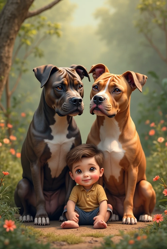 The adventures of Tony and his pitbull pearl, Toninho na cor marrom, a happy little boy Disney style and pearl his pitbull in brown color with a white and brown snout