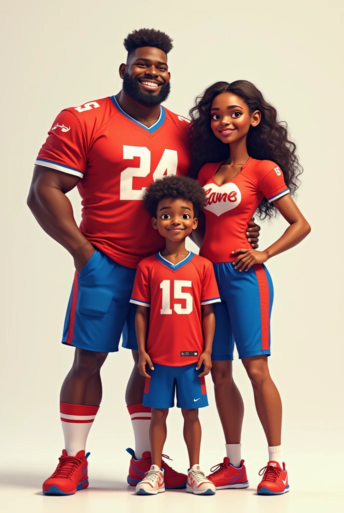 Animated white skin beautiful girl fashionable pregnant , a pair of short curly haired boys hugging a black haired chihuahua dog, along with a tall man with a black beard wearing reading glasses , Nike flat cap and sport shirt Nike shoes with USA flag background on the back