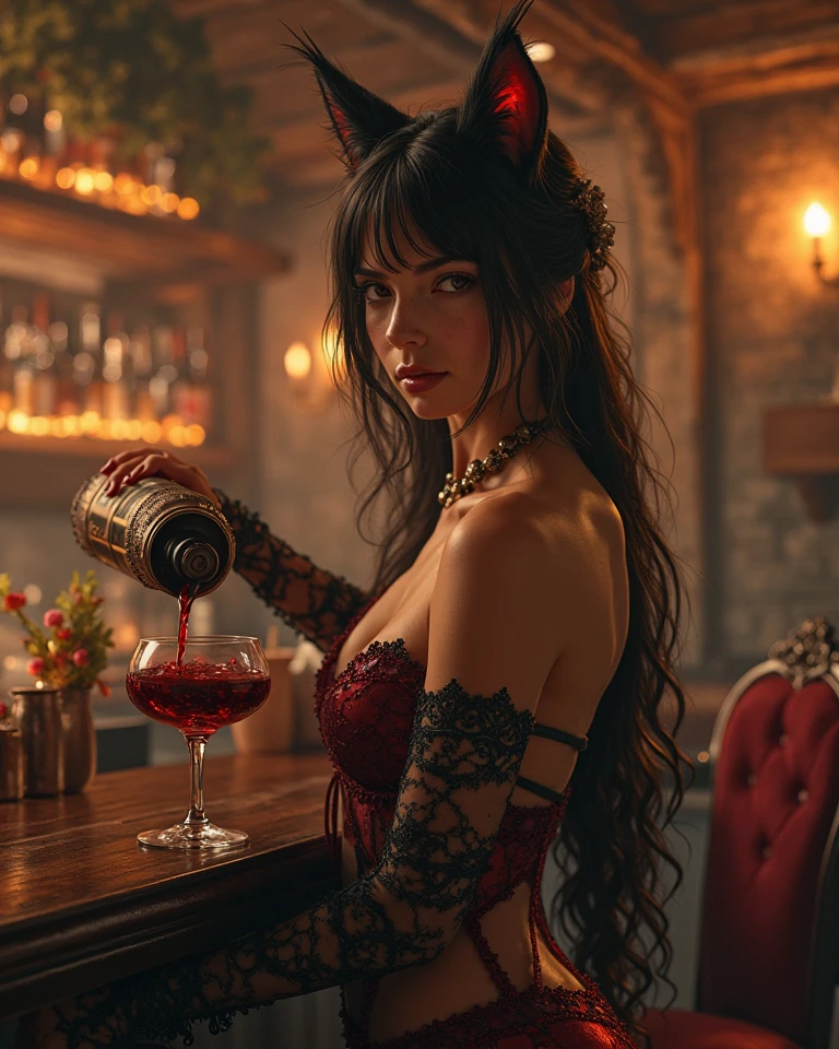 wide angle lens f/2.8, ultra insane high resolution intricate textures, texture indentation, perfect perspective, perfect geometry, ultra insane ambient lighting, ultra insane ambient shadows, insane RTX, ultra detailed busy tavern background, there is a woman sitting at a table with a glass of wine in a medieval dimly-warm-lit cozy tavern, at night, near fireplace