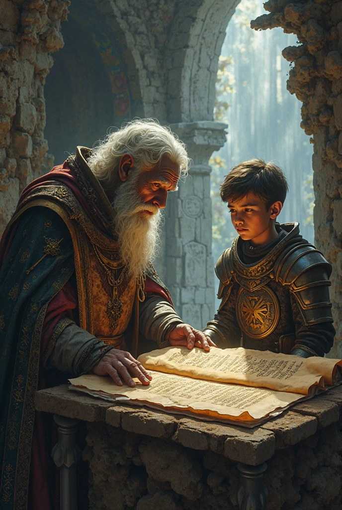 In a medieval age realm, a little fellow named Rog lived calmly with his dad, Lord Nufer. The scene captures a heartwarming moment of Rog and Lord Nufer sitting by the fireplace in their castle, surrounded by ancient books and artifacts, portraying a serene family bond. The lighting is warm, with soft flickering flames casting gentle shadows on the stone walls. Rog's innocent smile reflects his admiration for his father's wisdom, while Lord Nufer's caring expression reveals his love for his son. The image is executed as a high-quality, realistic painting on canvas, capturing every intricate detail of the characters and their surroundings, --auto --s2