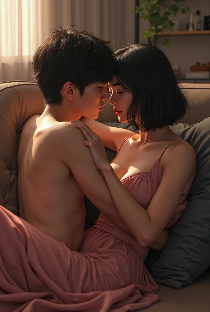 A small humanoid alien with headphones and a video game controller with a screen in his hands, hyperrealistic quality image, In a bed, A beautiful young adult European woman is sitting, tall and with the body of a model, She is in sexy lingerie and beautiful heels, She is flirting and seducing a young man in pajamas and casual clothes, the woman is on top of the man