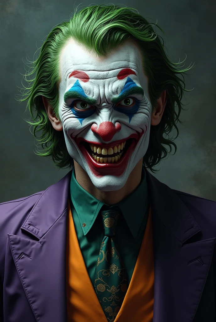 (masterpiece:1.2), absurdres, A photorealtic shot the Joker from DC Comics, an unnaturally wide and maniacal grin, a leering smile, deathly pale white skin, red lipstick, disheveled bright green hair, slicked back hair, his pupils are small and black, irratic eyes, with thick black eyeliner, wearing a purple suit, break, green bow tie, menacing, (highly detailed:1.3)<lyco:GoodHands-beta2:1.0>
