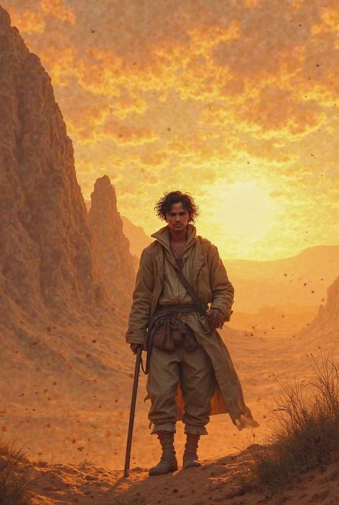 thin man, dressed only in ragged trousers, with an old, rusty iron bar on his waist, wandering far away in the desert, arid and desolate