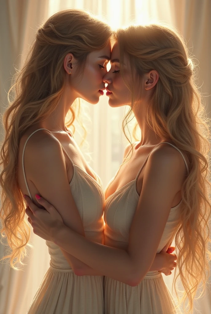 Two hot blonde twin girls kissing, close up