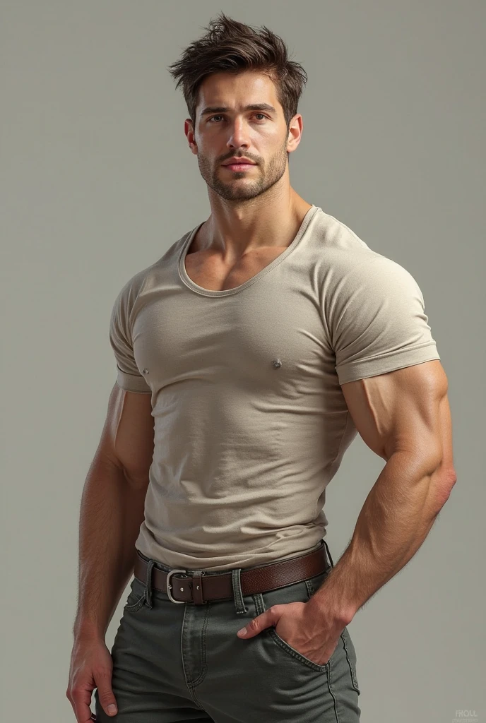 Tall man well developed figure light brown hairs large head large neck long face and neck prominent nose and ears almond eyes fleshy belly and arms fat thighs and round limbs bent shoulders and big lower teeth and lip happy smile medium fair complexion realistic portrait. Wearing pants and boots. Man 