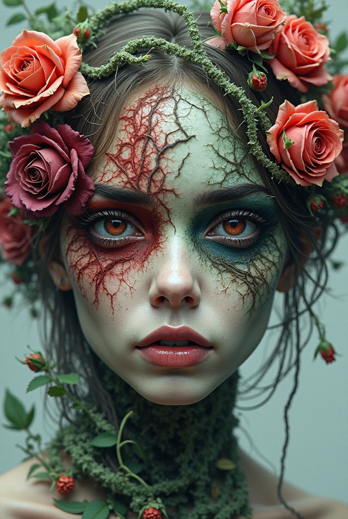 A beautiful female zombie, asia face, frontal portrait, horror, bloody, violent, bloody, stained, beautiful light, facing the audience, broken clothes, cracked skin, skinned skin, stitched wound, looking at viewer, <lora:face_paint_V3:1>, masterpiece,best quality,extremely detailed,fine details,official art,unity 8k wallpaper,4K,8K,UHD, (upper body:1.5)