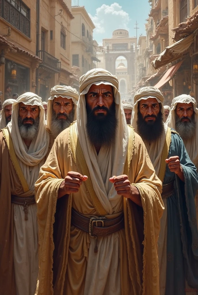 Prompt:"Four Muslim men with ultra-detailed faces, looking away, are walking together in a medieval European-style church room, used as a field hospital. Each man has a fit, bodybuilder physique. One is wearing a jubba/bisht, the second is in a thobe, the third in a pathani suit, and the fourth in a kurta pajama. All four are wearing kufis/caps on their heads. One man holds a tasbih (prayer beads) in his hand, another wears rings, one has a shawl or scarf draped over his shoulders, and the last is wearing a watch. The atmosphere outside is dark, and the room is dimly lit by a small lamp. The illustration blends fantasy elements with influences from Gothic, Ukiyo-e, and Comic Art, featuring rich colors that add depth and vibrancy to the scene."