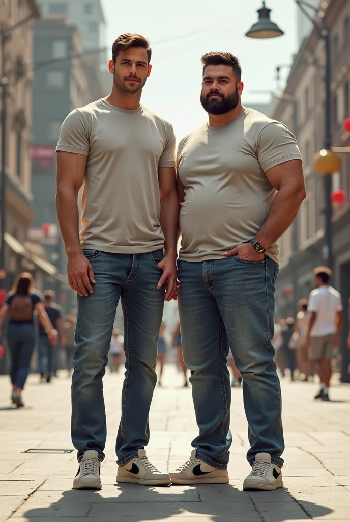 A foto mostra dois homens robustos, carecas e peludos, exibindo corpos super barrigudos. They are both wearing only jeans, leaving their torsos exposed. Their expressions are serious and confident, with an imposing and charmingly masculine presence. They are entering a dark and dirty brothel room